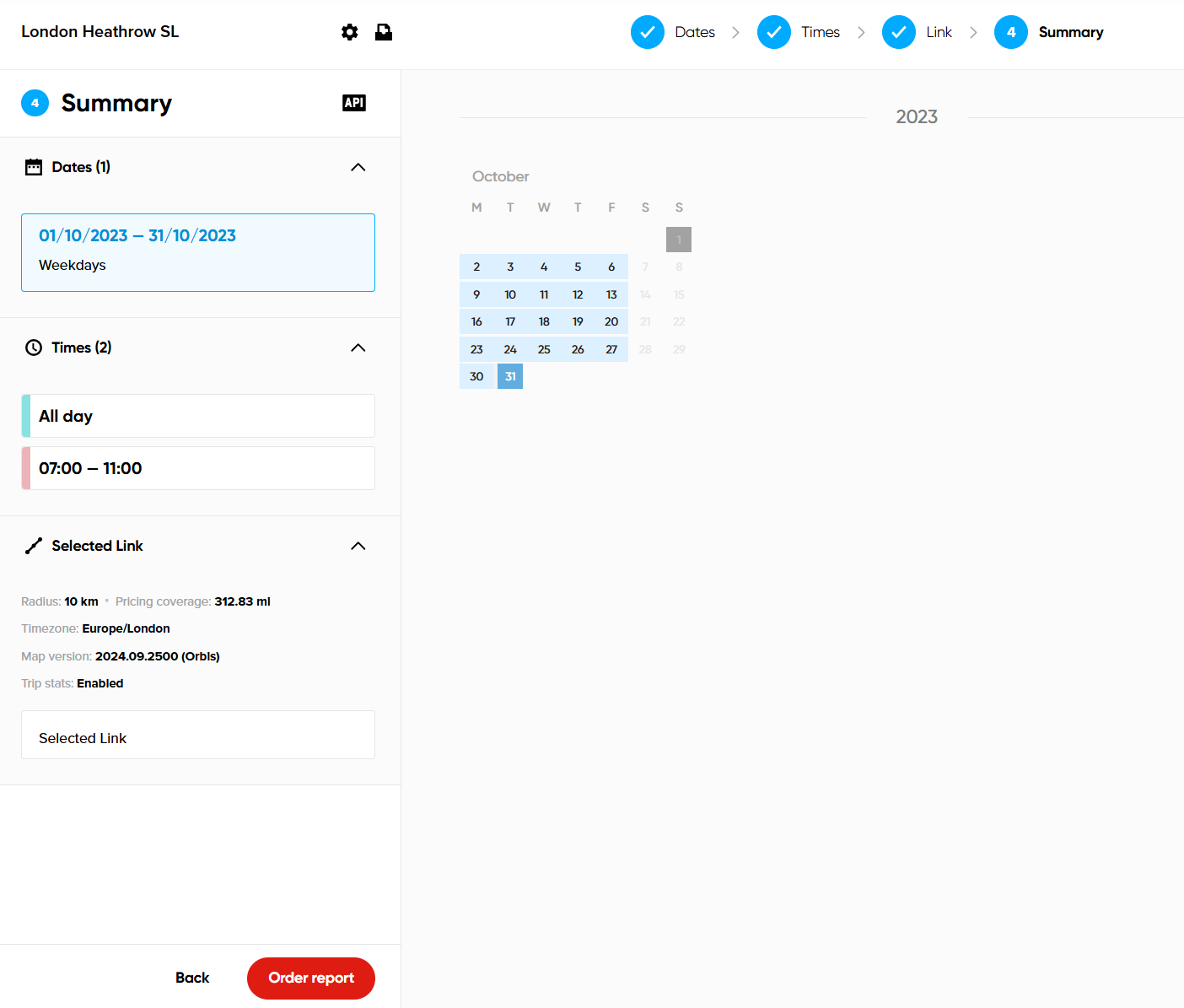 Summary page displaying analysis name, selected link visualization on small map, date ranges, time ranges, pricing coverage, and Order report button