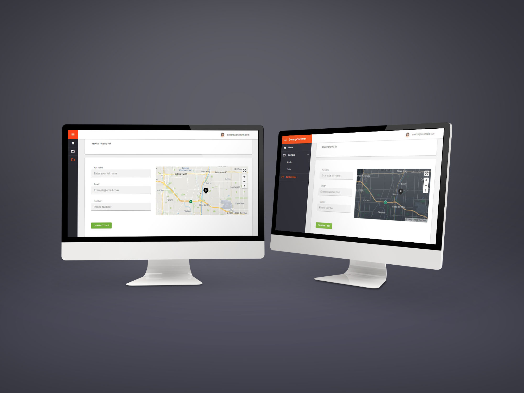 Two desktop computer screens showing TomTom maps and DevExpress