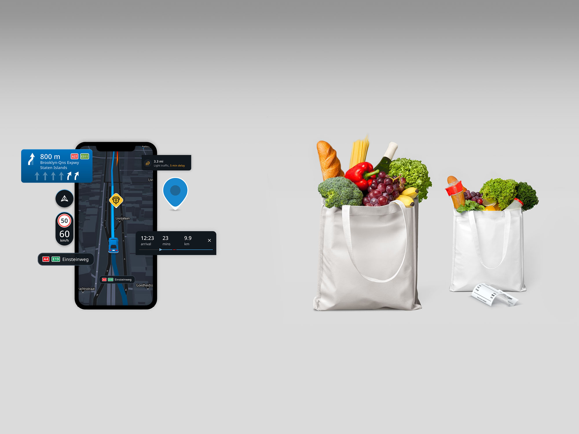 Mobile phone showing the TomTom Navigation SDK UI beside bags of groceries for food delivery