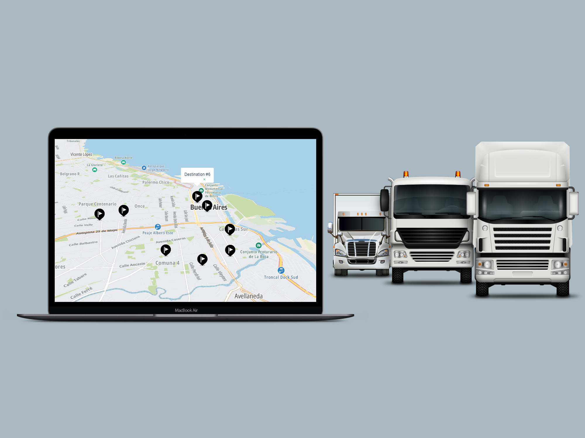 Laptop showing TomTom Maps and trucks