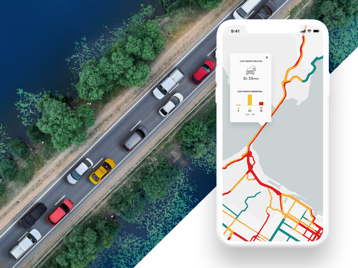 Cars on a road in traffic with a map on a phone screen