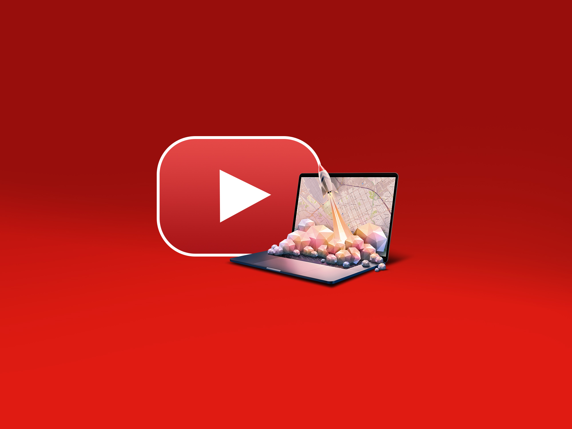 Laptop displaying TomTom rocket with red background and YouTube logo