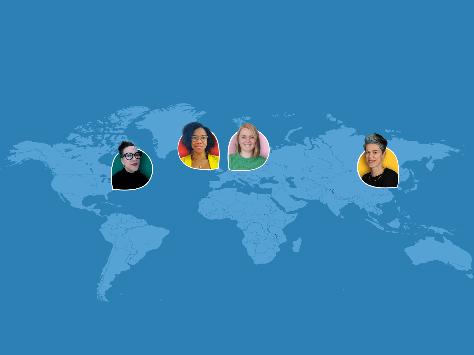 World map with pins of headshots of women mapmakers across the globe
