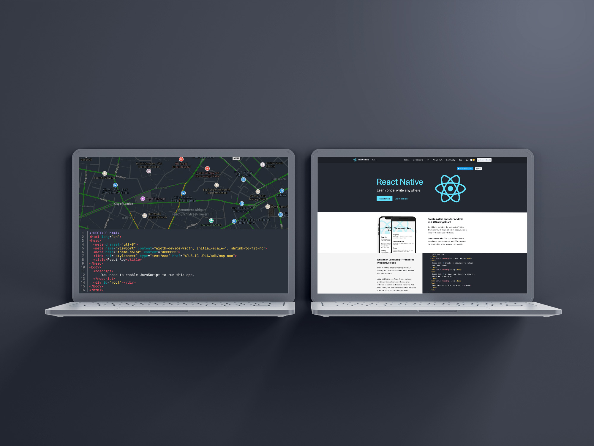 Two laptops showing TomTom maps and React.