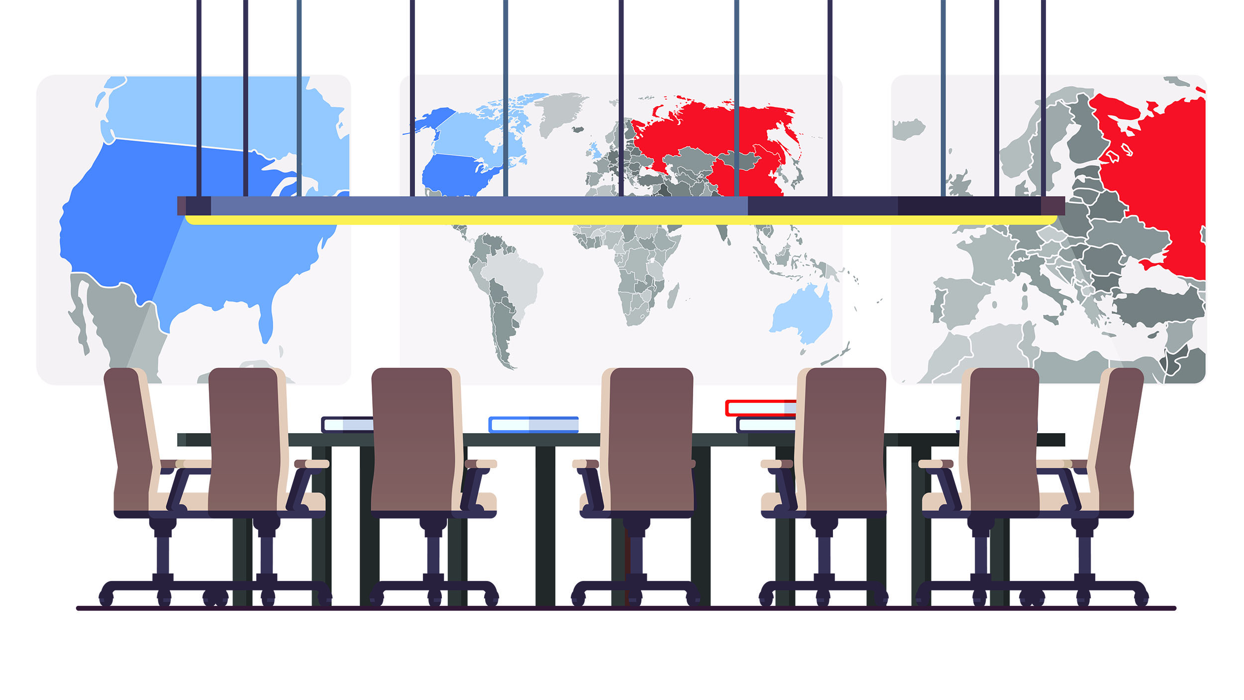 Boardroom illustration with map in the background. 