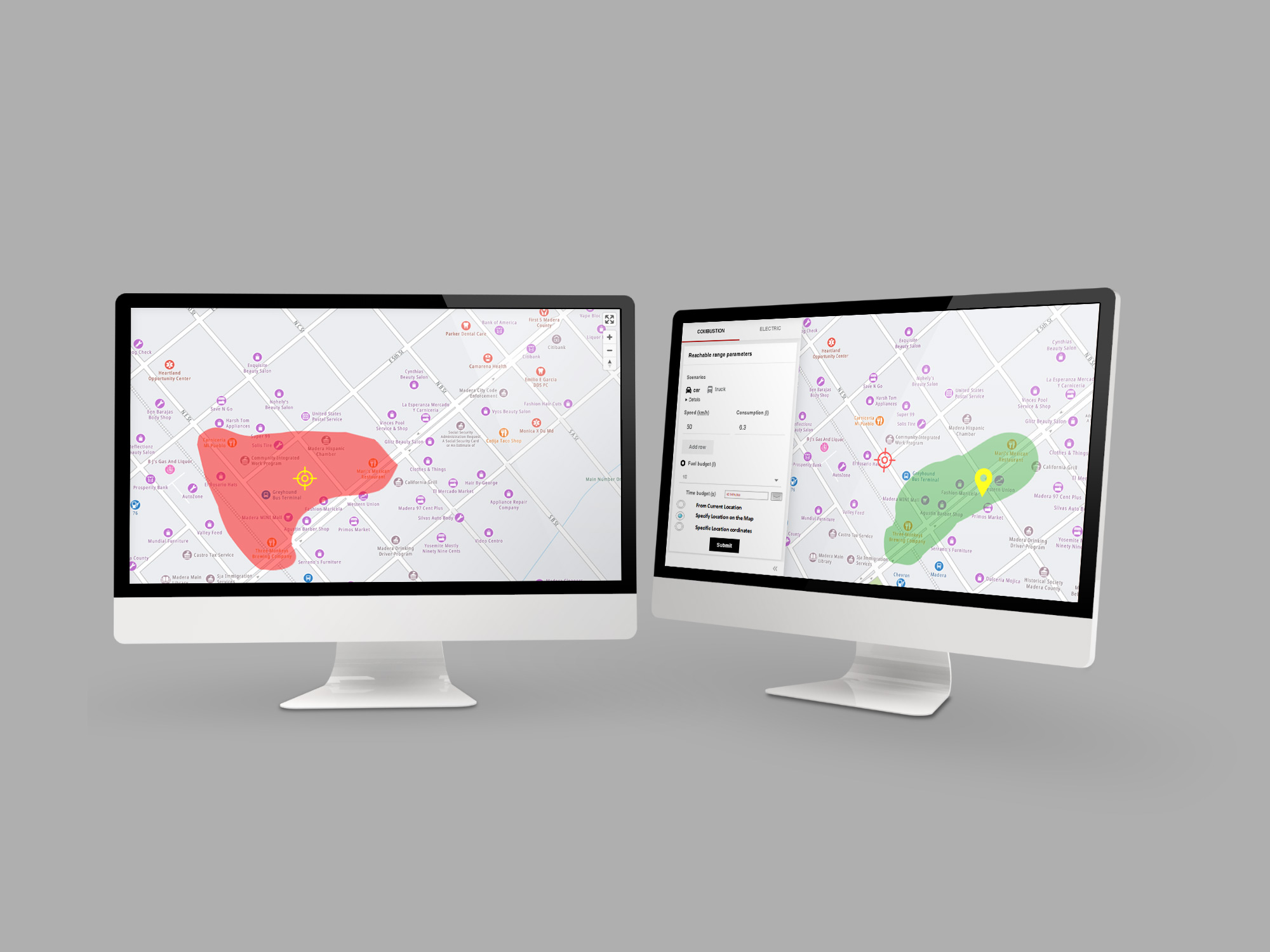 Two screens showing isochrone maps