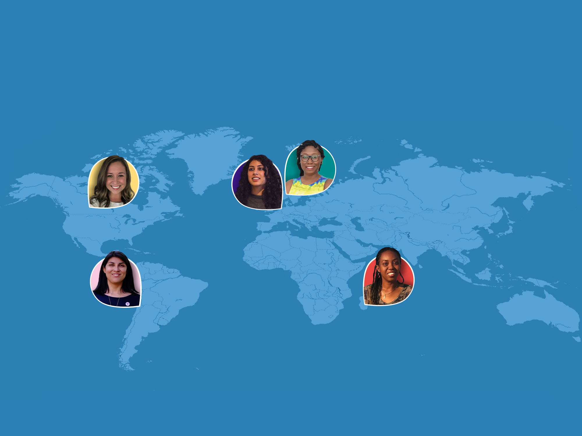 World map showing pins with headshots of 5 women from different countries