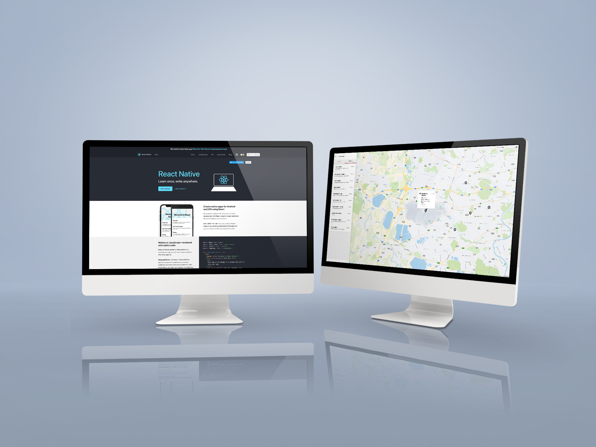 Two desktop computers side by side showing a map and React Native platform
