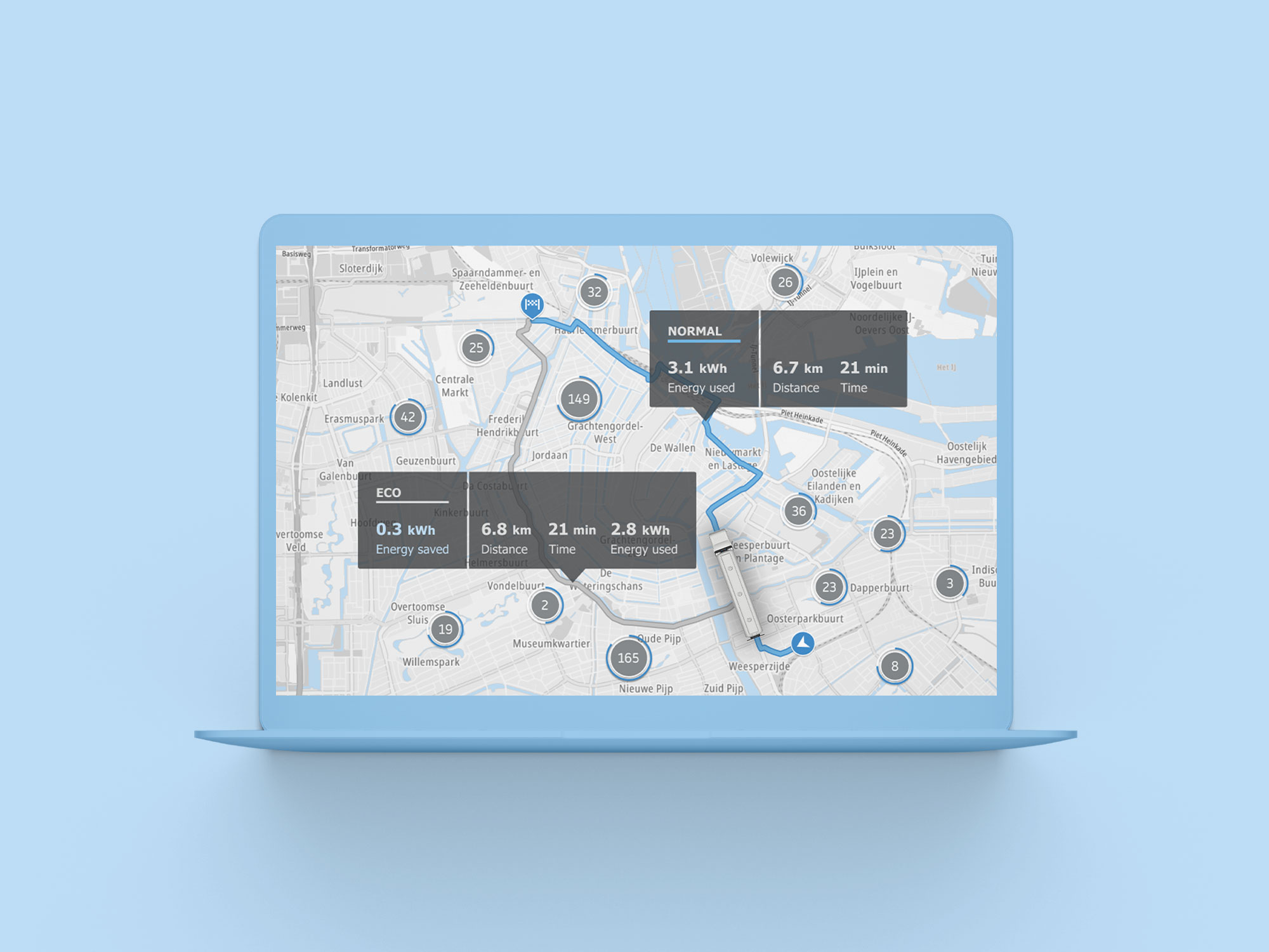 Laptop displaying map with TomTom Routing API and accurate ETA data