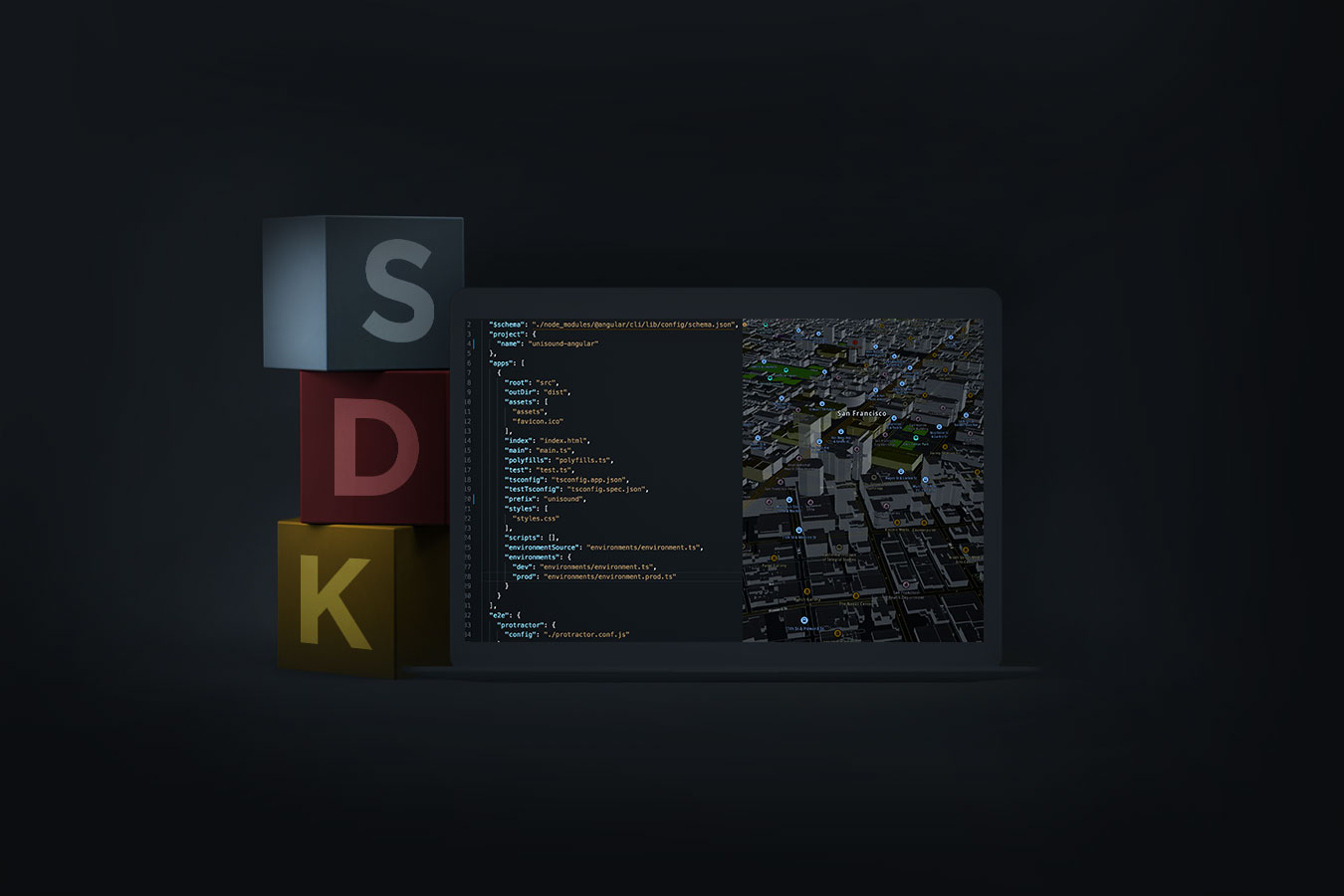 Computer screen showing code in dark mode; blocks reading "SDK" stacked beside it