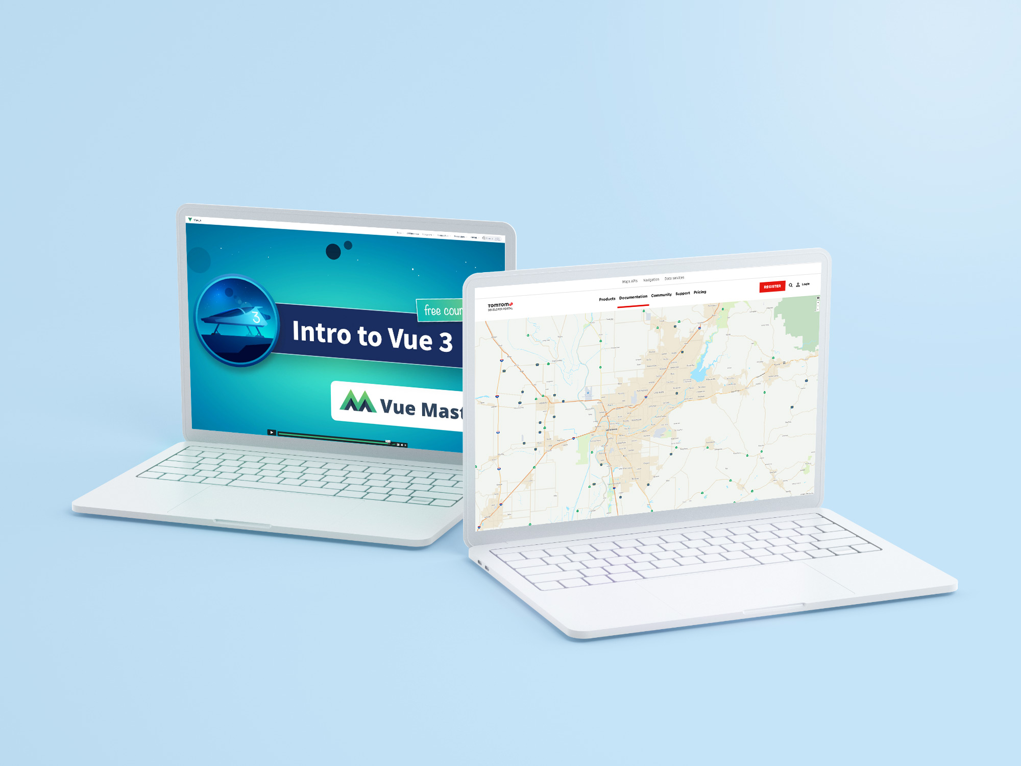 2 laptops displaying TomTom Maps and Vue 3