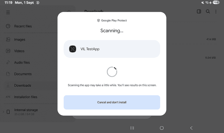 Installing VIL TestApp with Google Play Protect scan